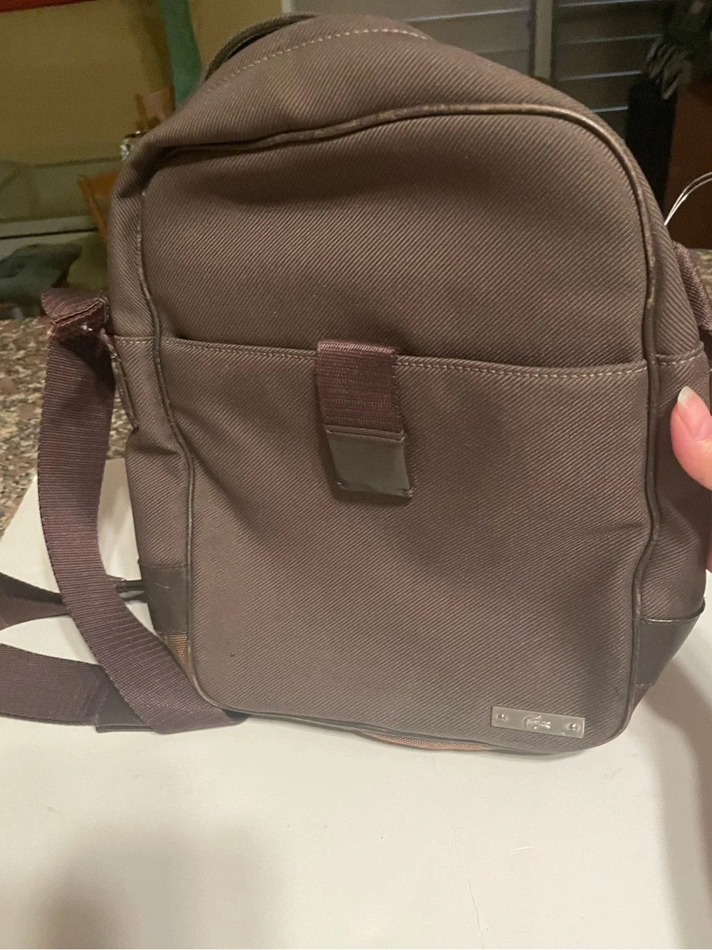 Lacoste Vintage Men's Olive Brown Nylon Canvas Messenger Crossbody Bag unisex